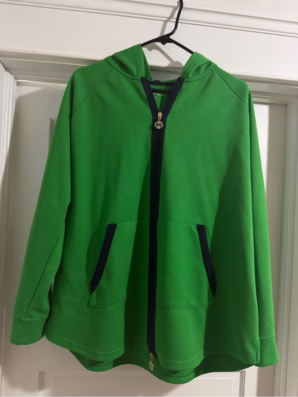 Women Green Hooded Zip Jacket with Contrast Trim
